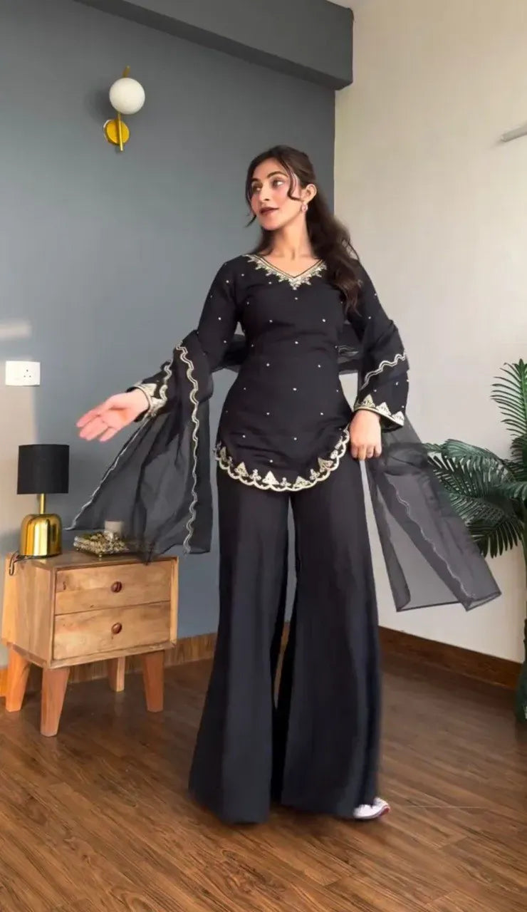 Exclusive Black Crepe Silk Sharara Palazzo Set with Heavy Sequence Embroidery