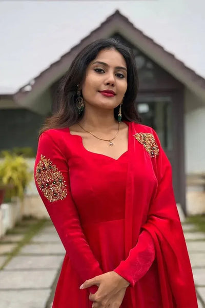 Elegant Crimson Space Silk Anarkali - Handwork Butta for Festive Party Wear