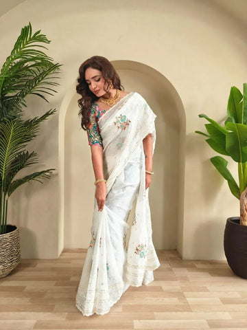 Elegant Crunchy Chiffon Saree - Embroidered Party Wear for Women