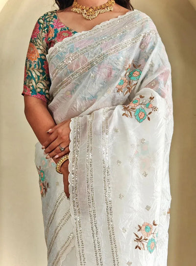 Elegant Crunchy Chiffon Saree - Embroidered Party Wear for Women