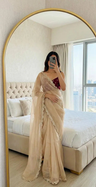 Elegant Crunchy Fabric Saree - Lace Border & Silk Blouse