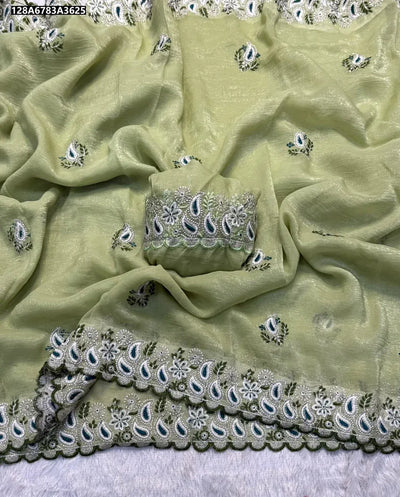 Elegant Crunchy Silk Saree - Fancy Thread Embroidery for Festive Wear
