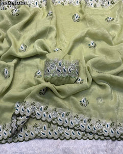 Elegant Crunchy Silk Saree - Fancy Thread Embroidery for Festive Wear