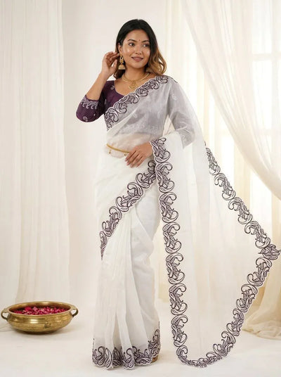 Elegant Crunchy Silk Saree with Designer Embroidery C-Pallu Work for Festive Wear