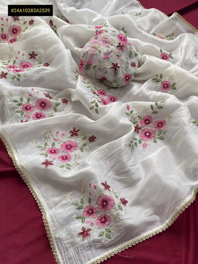 Elegant Crushed Saree with Floral Embroidery - Festive Wear for Women