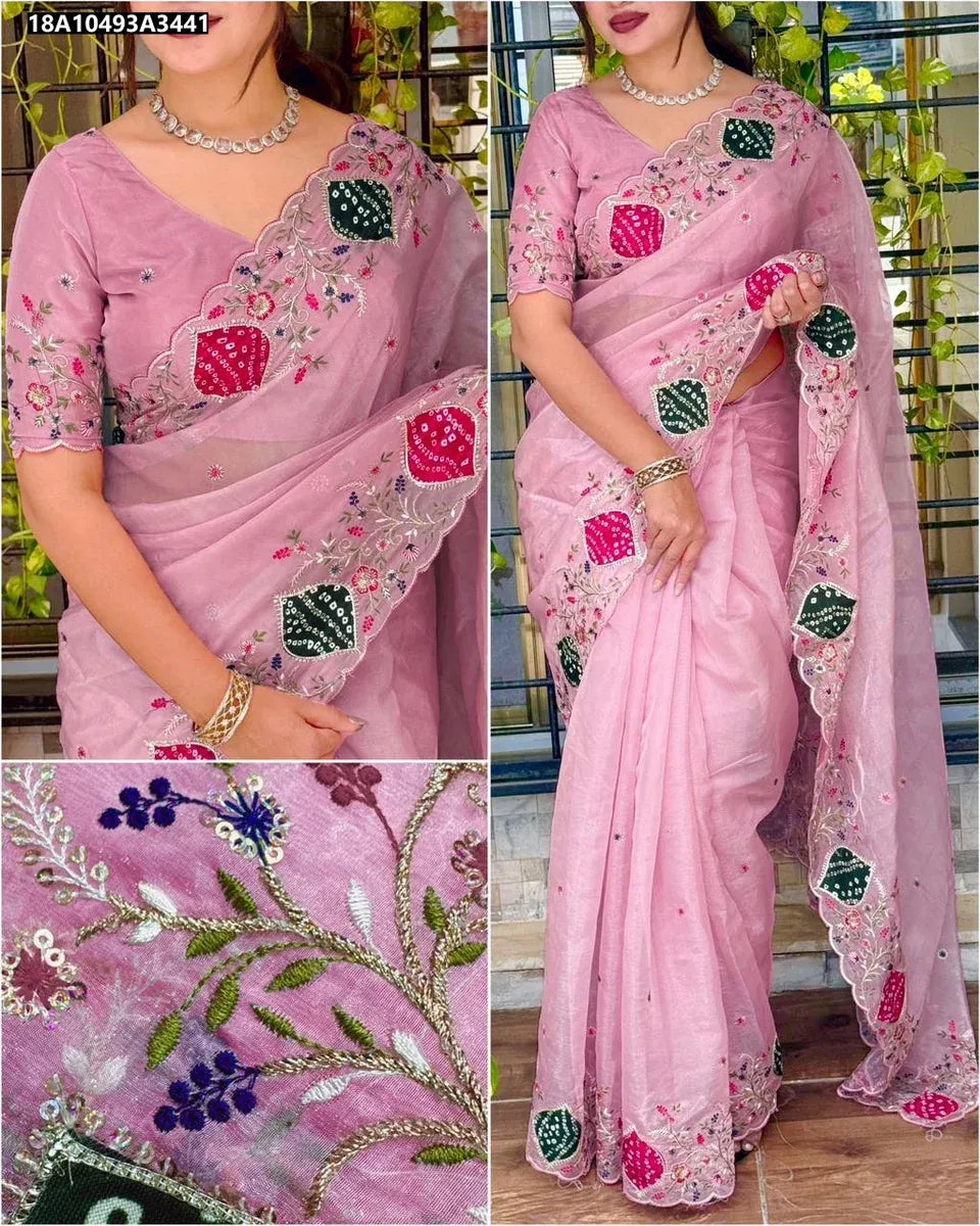 Premium Crystal Tissue Saree with Hand Applique and Zari Work