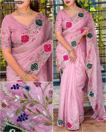 Elegant Crystal Tissue Saree - Hand Applique & Zari Work for Women