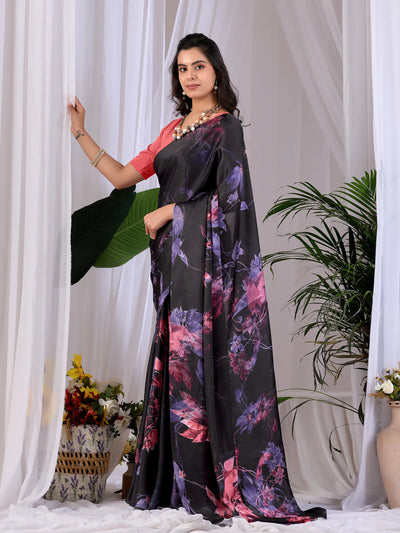Elegant Designer Black Satin Georgette Saree - Soft Printed for Women