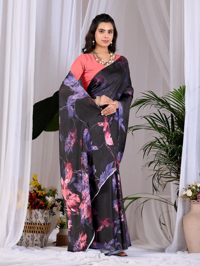 Elegant Designer Black Satin Georgette Saree - Soft Printed for Women