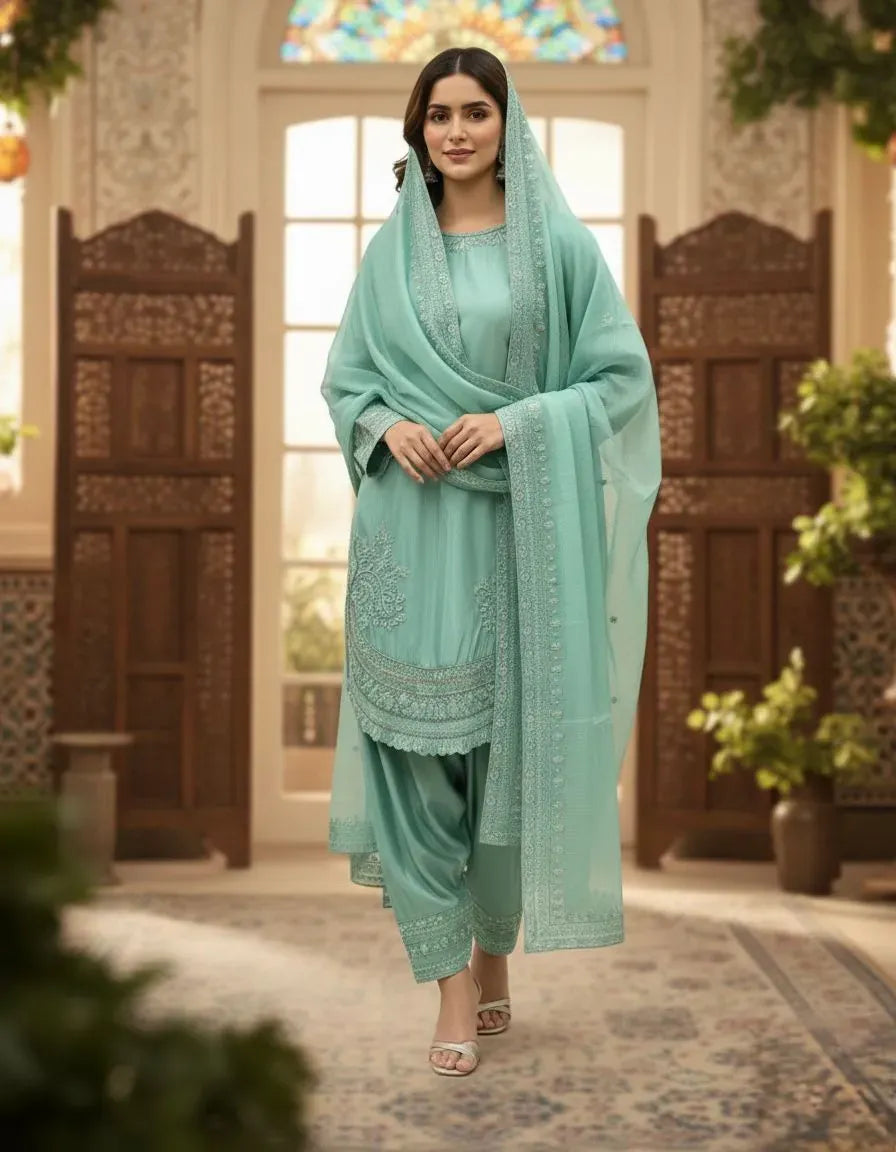 Premium Natural Crepe Embroidered Palazzo Set for Festive Wear