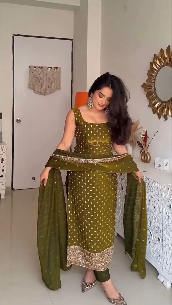 Premium Olive Green Fendy Silk Pant Set with Sequence Work