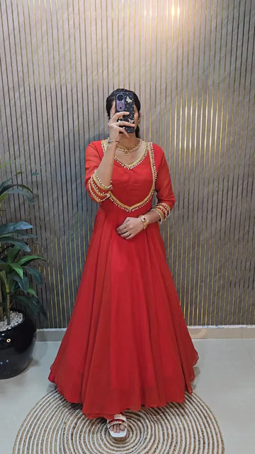 Elegant Designer Georgette Gown - Hand-Woven Lace for Women's Festivities