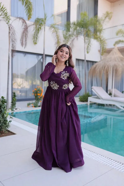 Elegant Designer Gown - Ready-made with Beads Embroidery for Women