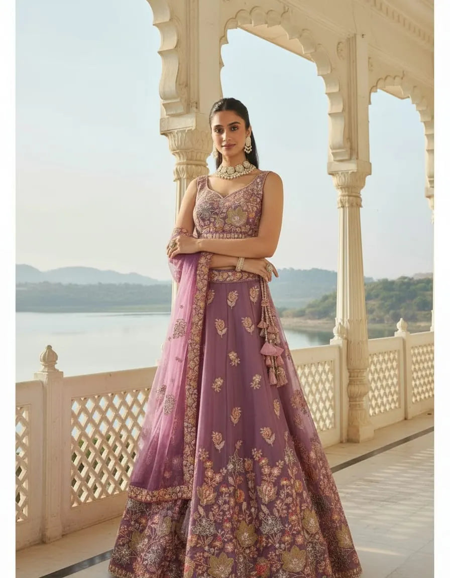 Lavender Lehenga Choli with Heavy Zari Embroidery for Weddings