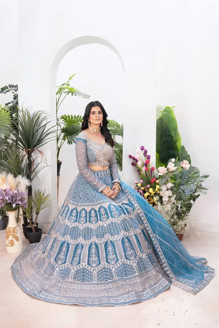 Premium Aqua Blue Lehenga Choli with Heavy Sequins Embroidery
