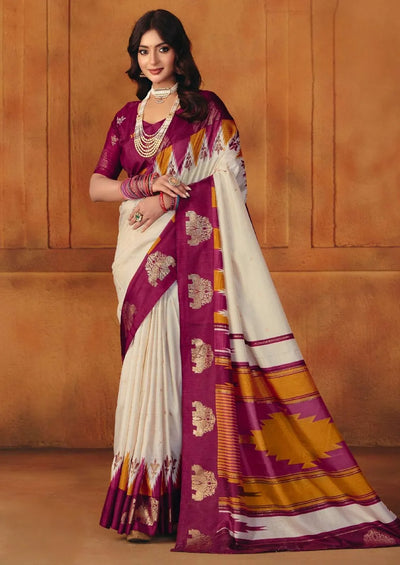 Elegant Designer Manipuri Saree - White & Maroon Foil Print for Women