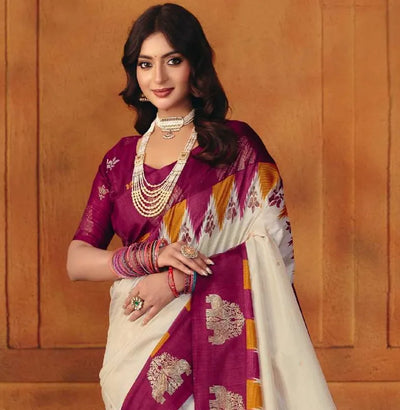 Elegant Designer Manipuri Saree - White & Maroon Foil Print for Women