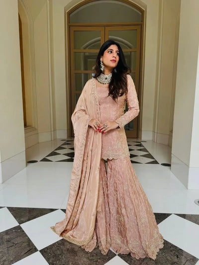 Elegant Designer Simar Silk Sharara Set - Ready-to-Wear Embroidery for Festive Occasions