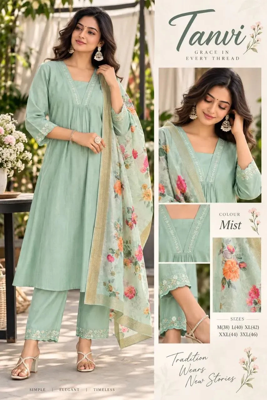 Model wearing mist green embroidered kurta set with floral dupatta