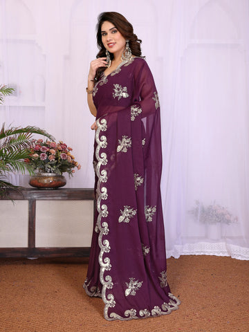 Elegant Designer Wine Georgette Saree - Exquisite Embroidery for Festive & Party Wear