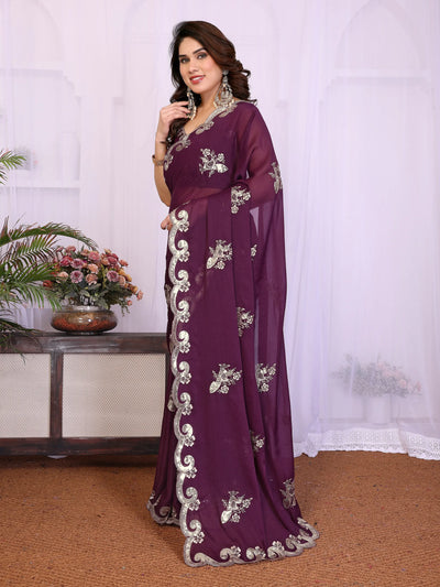 Elegant Designer Wine Georgette Saree - Exquisite Embroidery for Festive & Party Wear