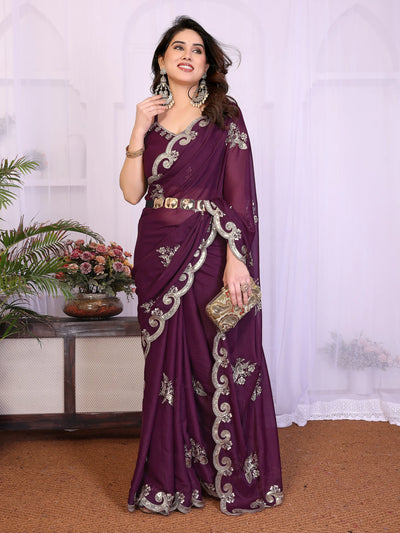 Elegant Designer Wine Georgette Saree - Exquisite Embroidery for Festive & Party Wear