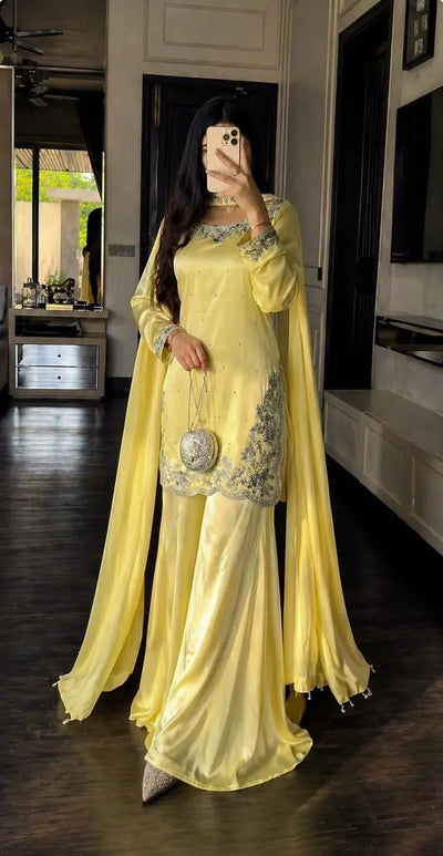Elegant Devsena Silk Kurti Palazzo Set with Heavy Embroidery for Festive Prep