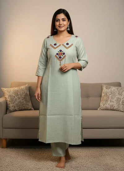 Elegant Dhabu Slub Cotton Kurti Set - Mirror Work Embroidery for Women