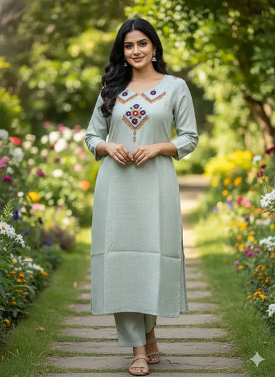 Elegant Dhabu Slub Cotton Kurti Set - Mirror Work Embroidery for Women