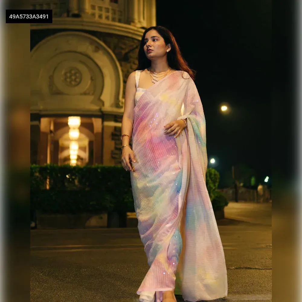 Premium pastel rainbow georgette saree with digital print and silky satin blouse