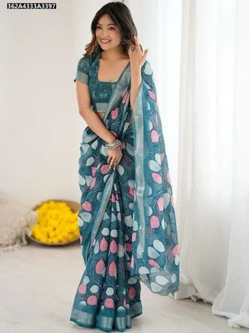 Elegant Digital Print Linen Cotton Saree - Soft Floral Design for Festive Wear