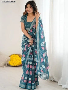 Elegant Digital Print Linen Cotton Saree - Soft Floral Design for Festive Wear