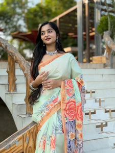 Elegant Digital Print Linen Saree - Lightweight Festive Wear for Women