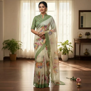Elegant Digital Print Linen Saree - Soft Breathable Fabric for Festive & Party Wear