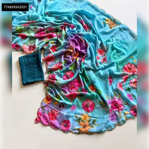 Elegant Digital Print Saree - Floral Handwork for Party Wear & Celebrations