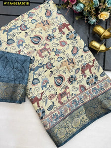 Elegant Dola Jute Kalamkari Saree - Golden Border for Festive Wear