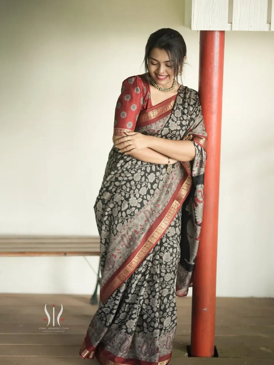 Premium Black Dola Silk Kalamkari Saree with Zari Border