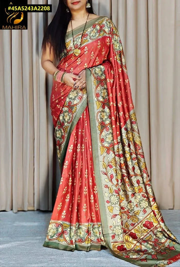 Elegant Dola Silk Saree - Floral Print & Kalamkari Border for Festive Wear