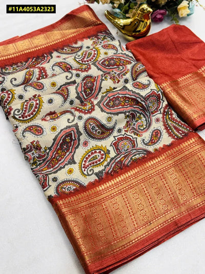 Elegant Dola Silk Saree - Kashmiri Print with Zari Border for Festive Wear