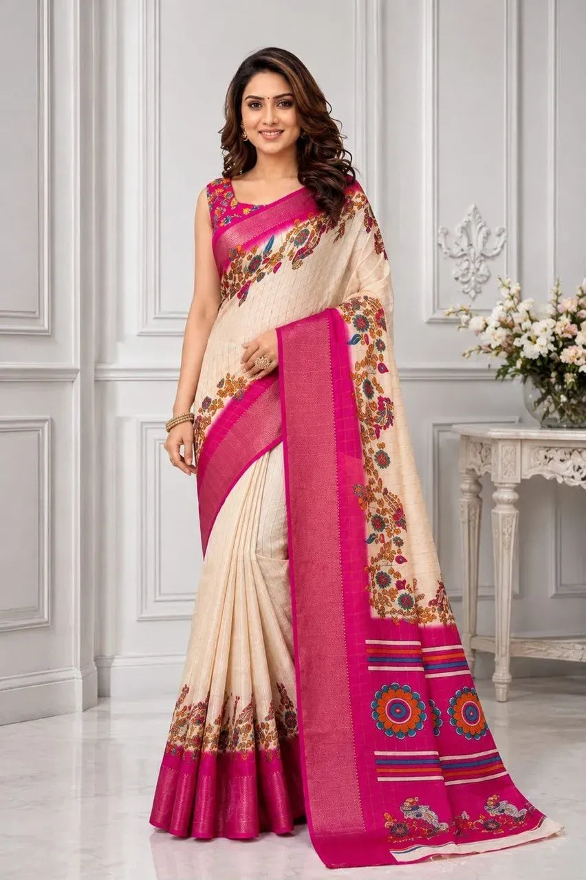 Model standing in an off-white Dola silk saree with a vibrant pink Kanjivaram zari border