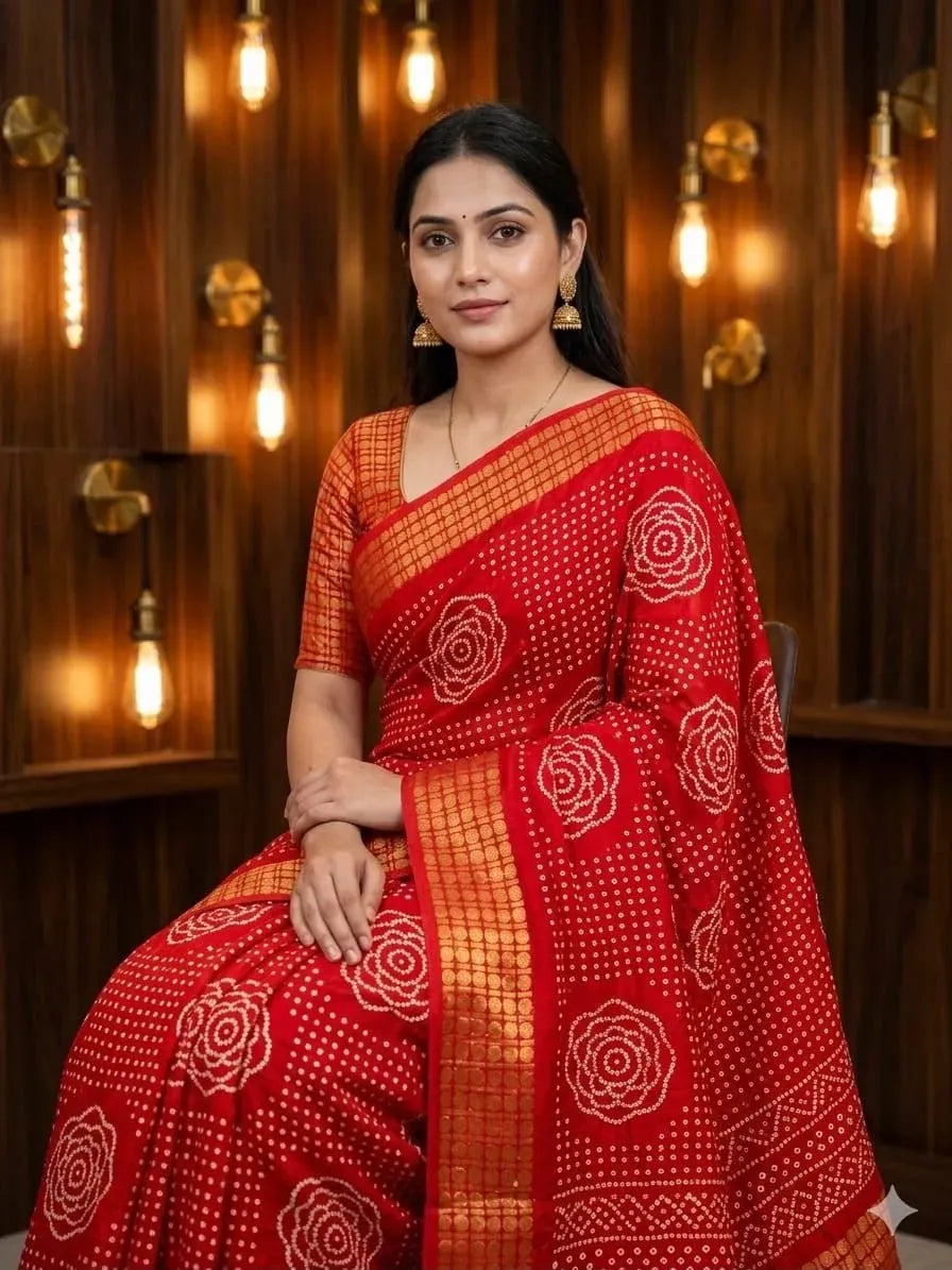 Woman in red dola silk saree with gold bandhani print and zari border sitting under warm decorative lights