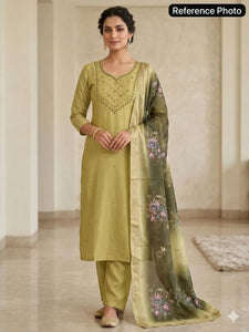 Elegant Elaichi Mul Chanderi Kurta Set - Hand Work Dupatta