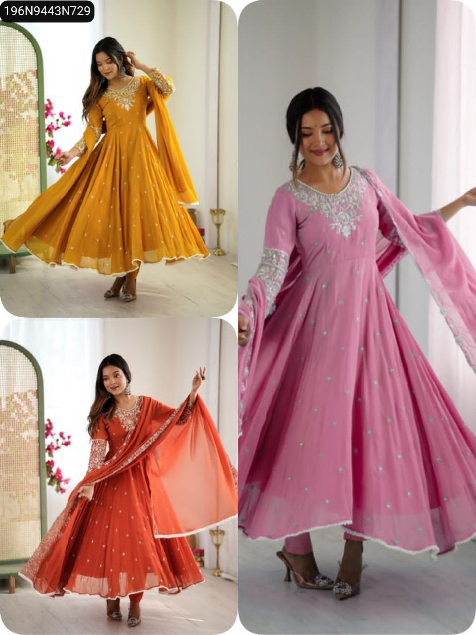 Elegant embroidered Anarkali suit set in Lavender Pink, Mustard Yellow, and Rust Orange worn by a model, showcasing three colors