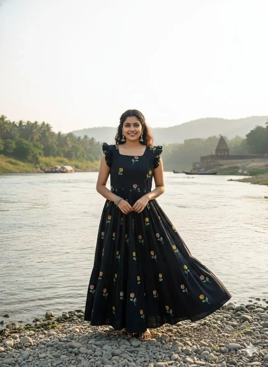 Elegant Embroidered Black Cotton Gown for Women by TRENDBUY