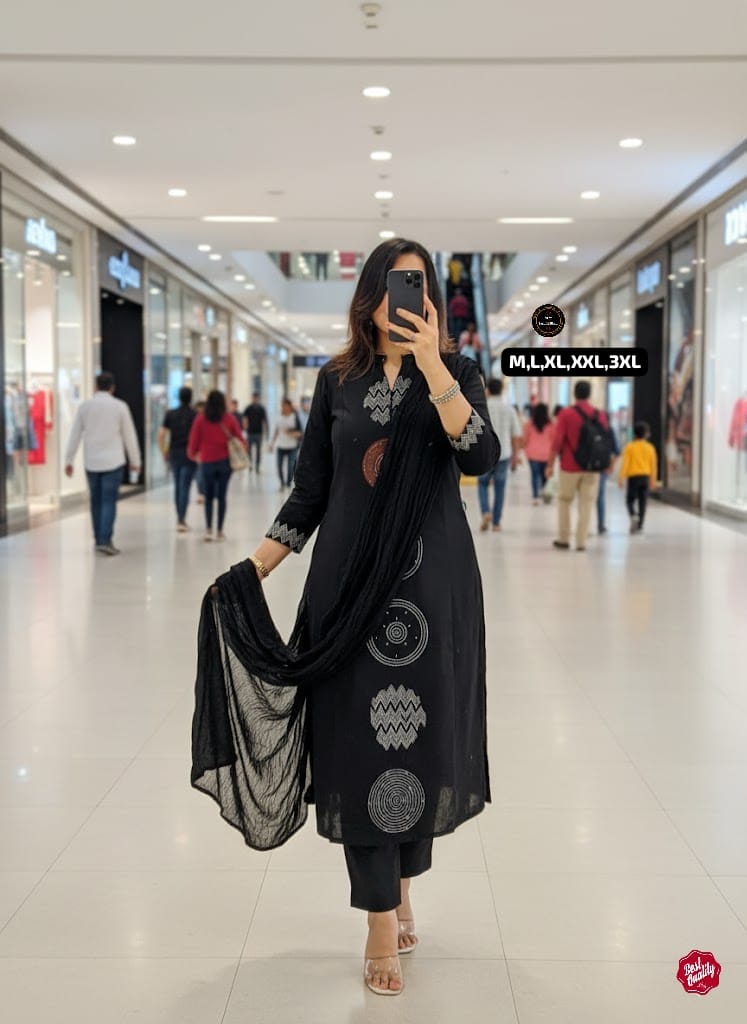 Black Cotton Embroidered Kurta Set for Women by TRENDBUY
