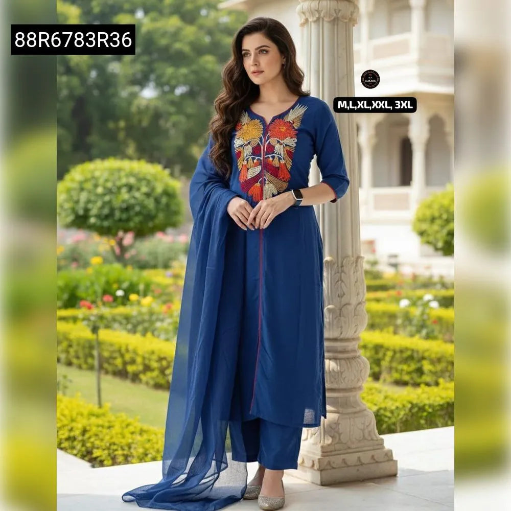 Model in Royal Blue Cotton Kurti Set with bird embroidery