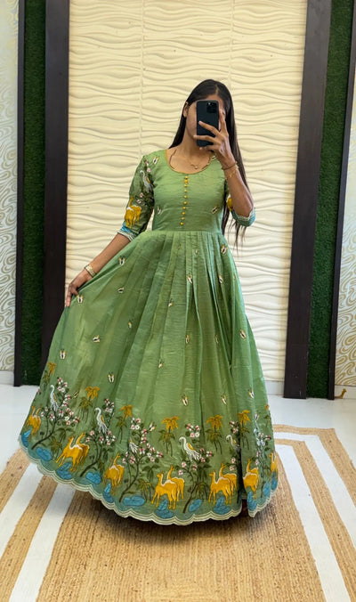 Elegant Embroidered Crush Gown - Sequence Work & Fancy Neck for Festive Wear