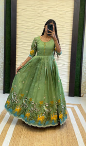 Elegant Embroidered Crush Gown - Sequence Work & Fancy Neck for Festive Wear