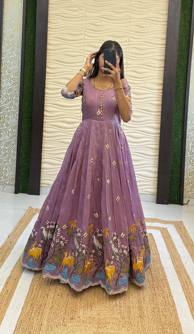 Elegant Embroidered Crush Gown - Sequence Work & Fancy Neck for Festive Wear