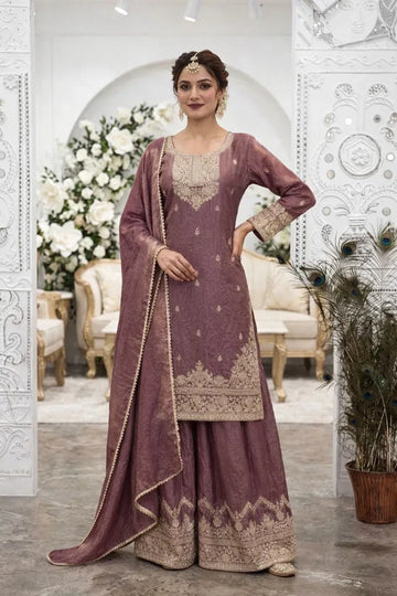 Elegant Embroidered Frendy Silk Top Palazzo Set with Dupatta for Festive Wear
